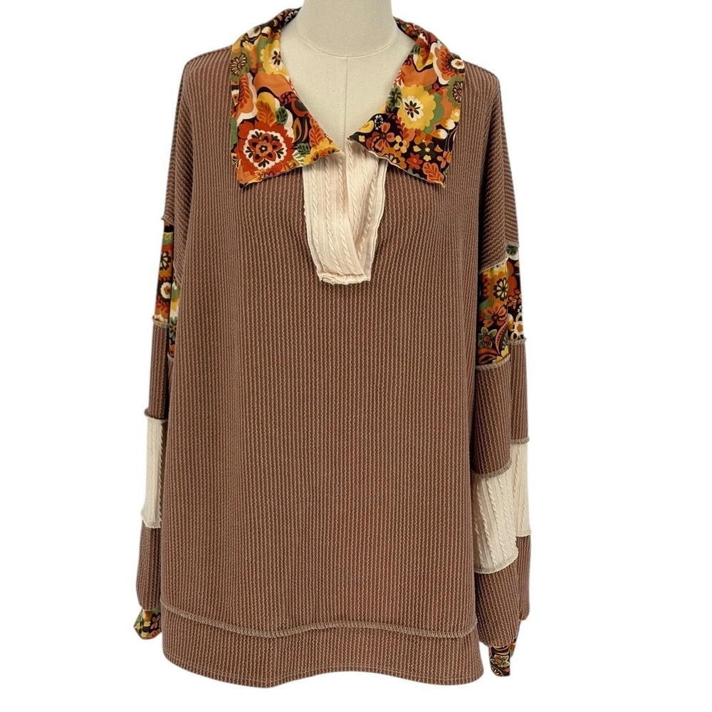 Haptics by Holly Harper Brown Floral Print Collared Waffle‎ Knit Pullover Top 1X